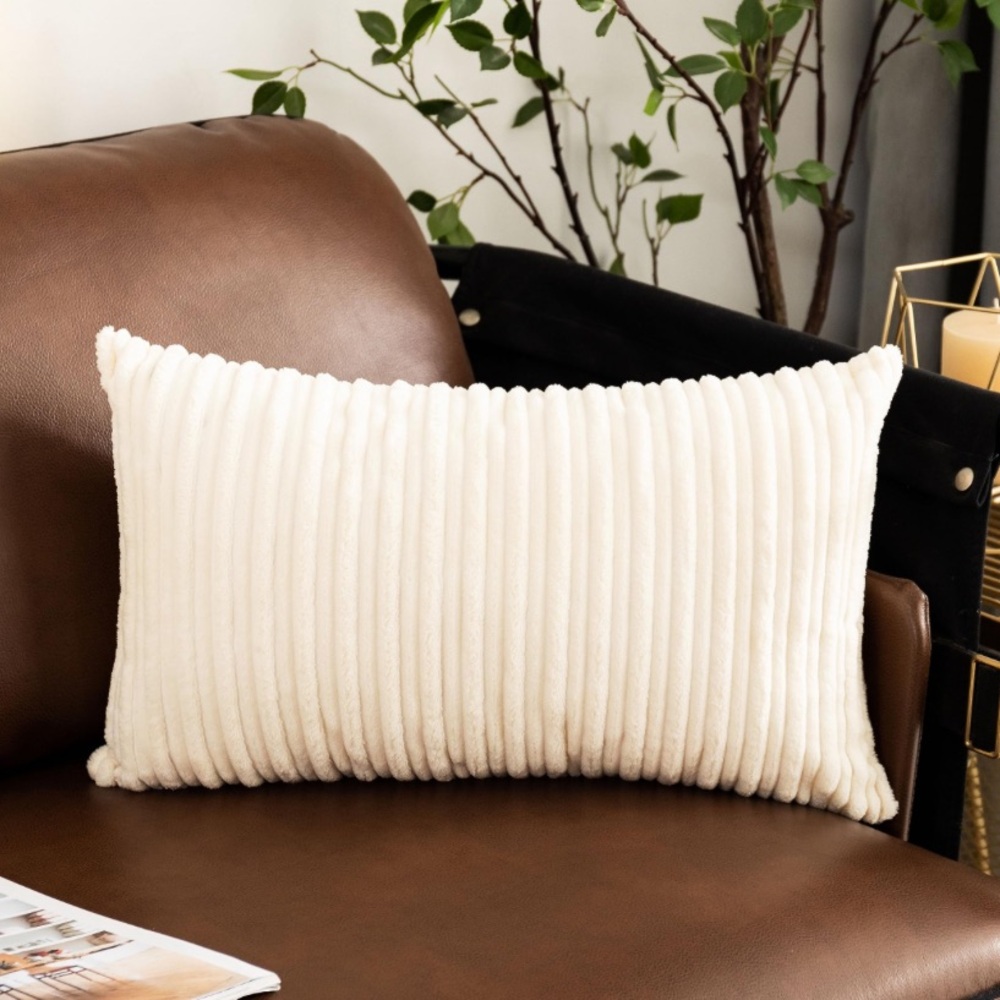 Cream Corduroy Ribbed Lumbar Throw Pillow Cover 20x12” (1-count)
